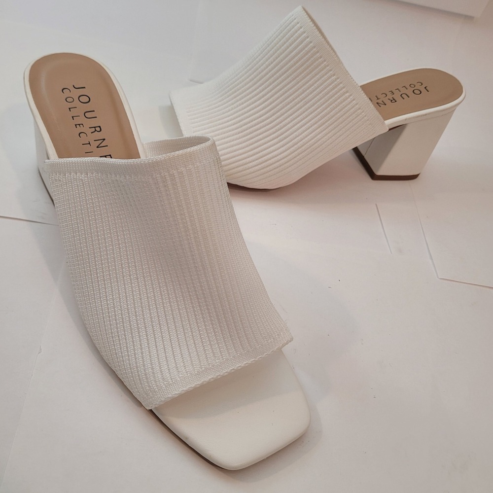 Journee Collection Mule Sandal Women White Knit Square Toe Block Heel 7.5
